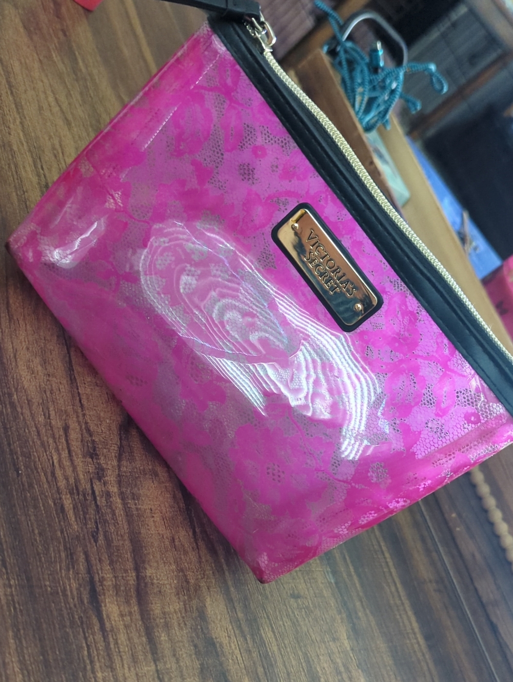 Victoria's Secret Hot Pink Floral Cosmetic Pouch with Gold Logo